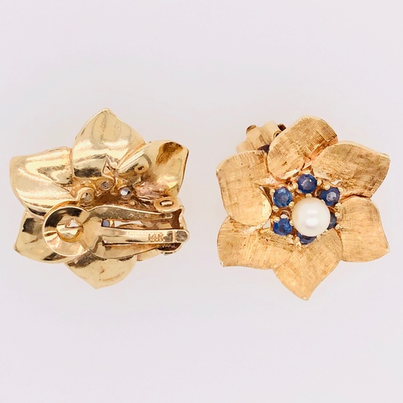 Estate🌸Vintage 14K Brushed Gold🌸 Pearl and Sapphire Clip-On Earrings - Picture 5 of 11